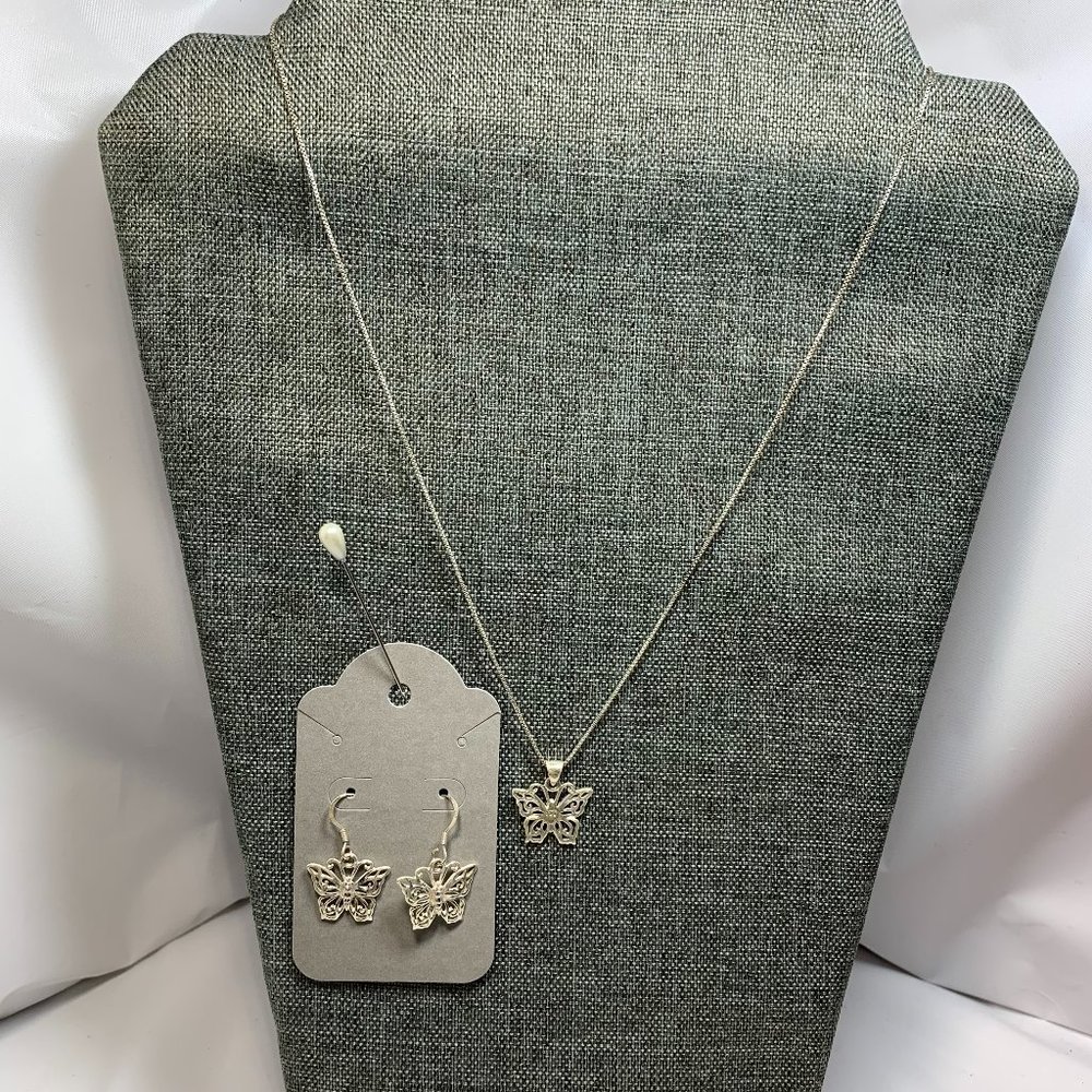 .925 Sterling 20" Box 1mm Chain With Butterfly Charm & Earrings. (582)tt